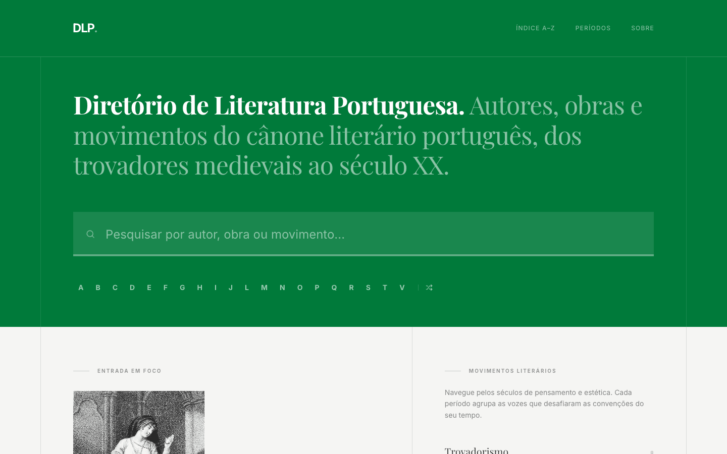 The directory's home page: a green header with the site's name, a search field and an alphabetical index.