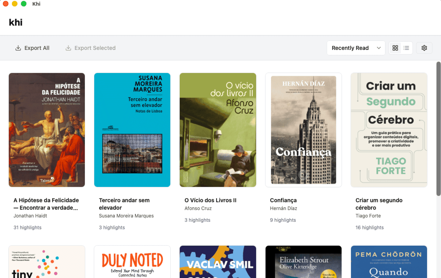 The Khi window showing a grid of book covers, each with its title, author and number of highlights.