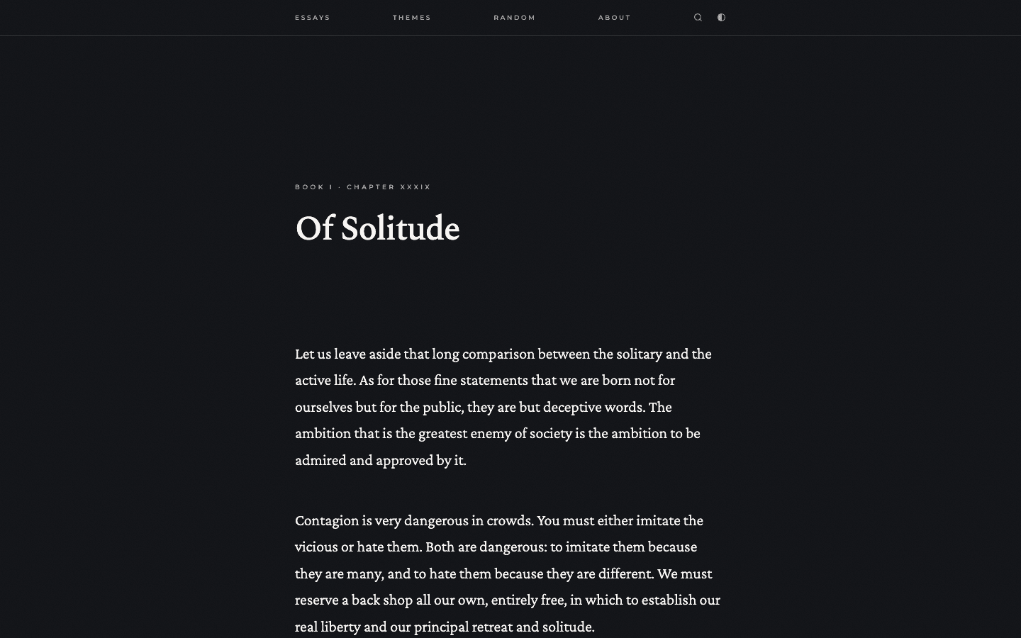 An excerpt from Of Solitude set as a single column of serif text under a short navigation bar.