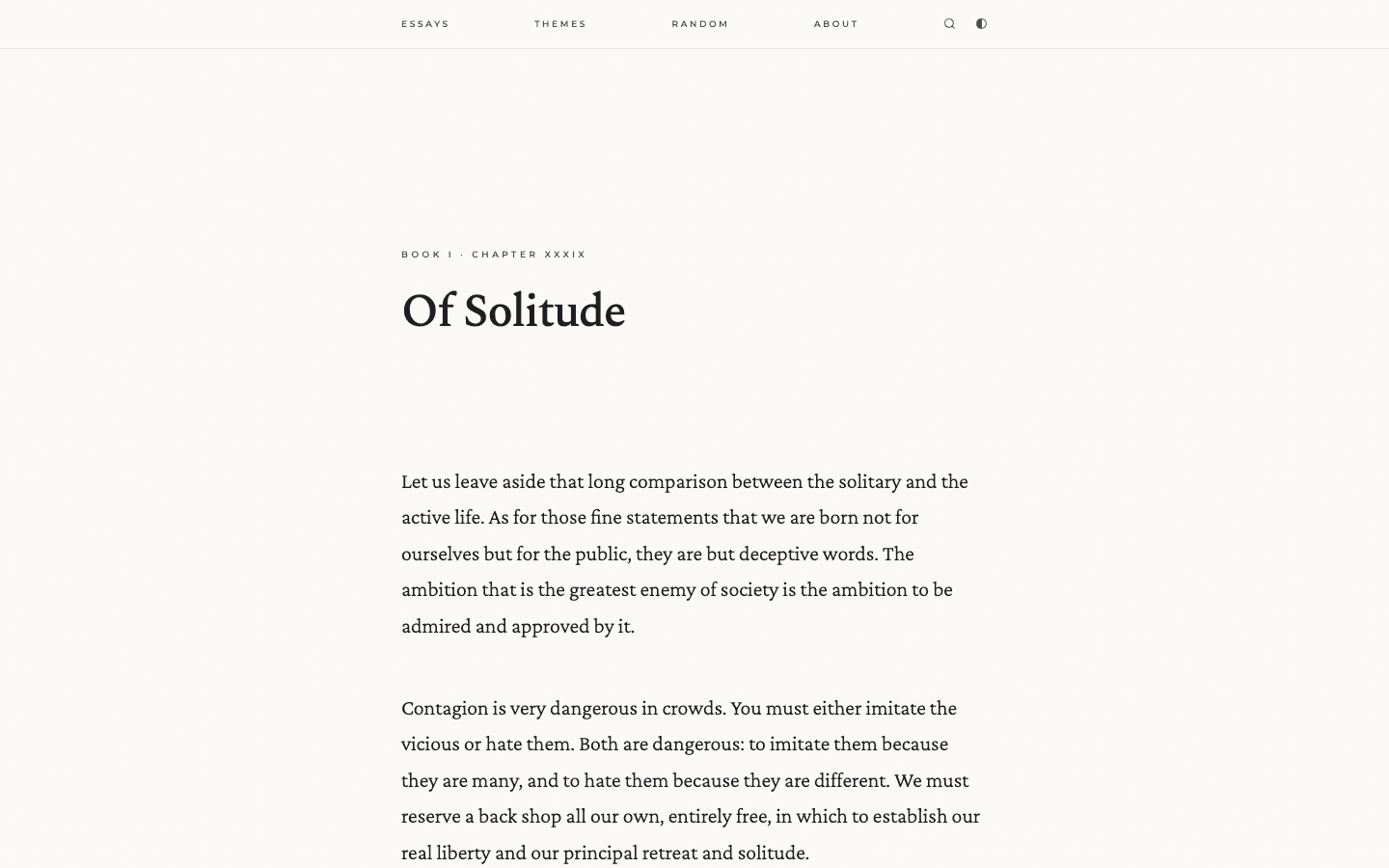 An excerpt from Of Solitude set as a single column of serif text under a short navigation bar.